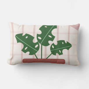 Monstera Plants Terracotta Plaid Background Pink Lumbar Pillow