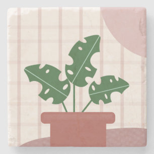 Monstera Plants Terracotta Plaid Background Pink Stone Coaster