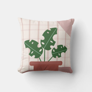 Monstera Plants Terracotta Plaid Background Pink Throw Pillow