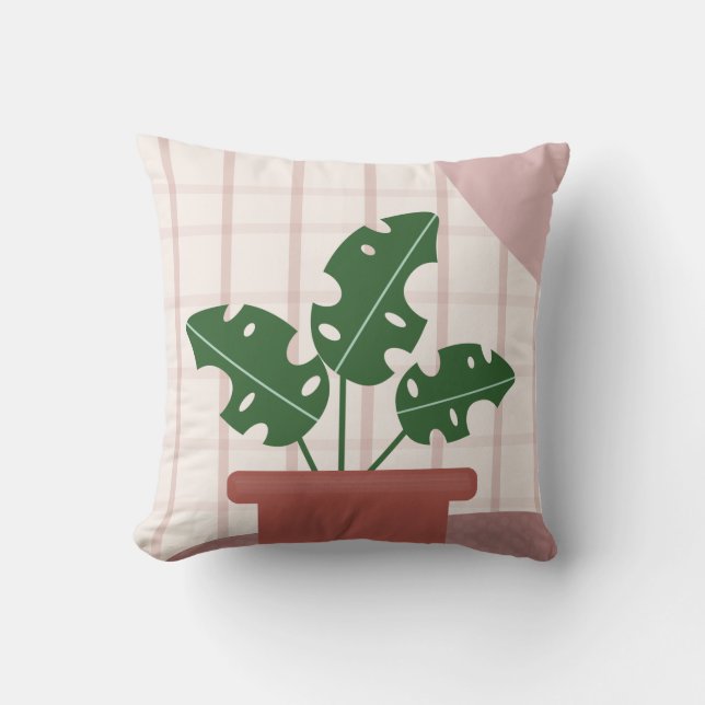 Monstera Plants Terracotta Plaid Background Pink Throw Pillow (Front)