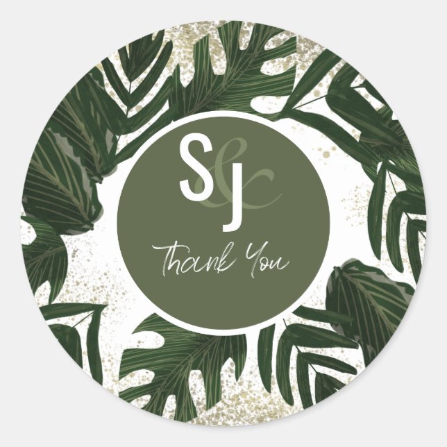 Monstera Tropical Faux Gold Splash Wedding Suite Classic Round Sticker (Front)