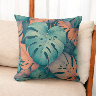 Monstera Tropical Flowers Boho Watercolor Botanica Throw Pillow