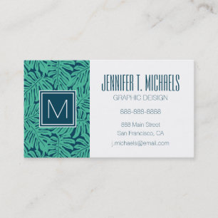 Monstera Tropical Leaf Pattern Monogram Business Card