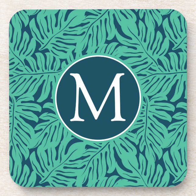 Monstera Tropical Leaf Pattern | Monogram Coaster (Front)