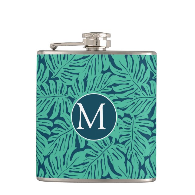 Monstera Tropical Leaf Pattern | Monogram Hip Flask (Front)