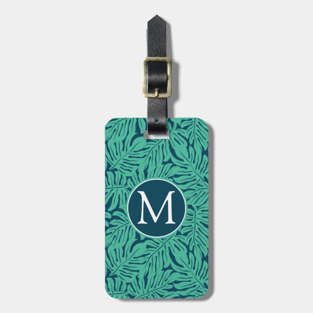 Monstera Tropical Leaf Pattern | Monogram Luggage Tag (Front Vertical)