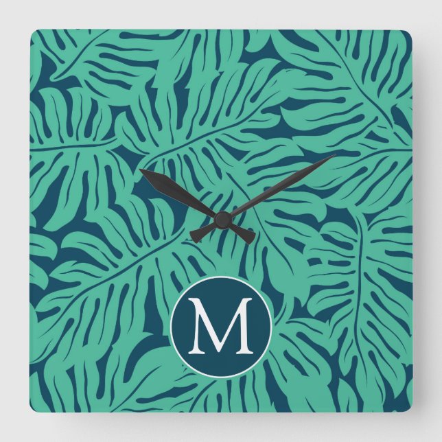 Monstera Tropical Leaf Pattern | Monogram Square Wall Clock (Front)