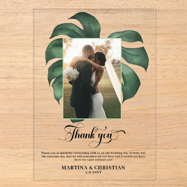 Monstera Tropical Leaf Wedding Thank You Acrylic Invitations (Front)