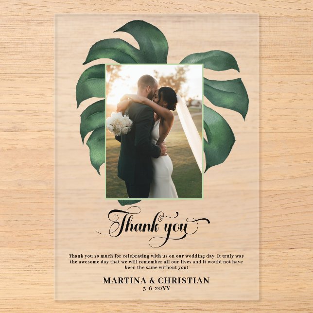 Monstera Tropical Leaf Wedding Thank You Acrylic Invitations (Front)