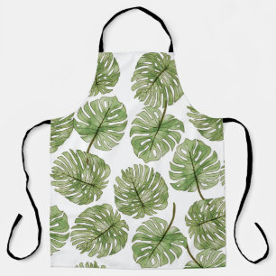Monstera Watercolor Green Tropical Leaves Seamless Apron