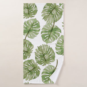 Monstera Watercolor Green Tropical Leaves Seamless Bath Towel