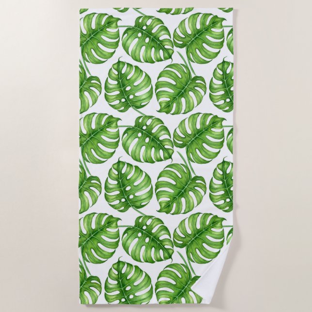 Monstera watercolor pattern beach towel (Front)