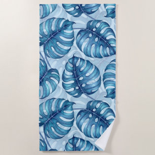 Monstera watercolor pattern blue beach towel
