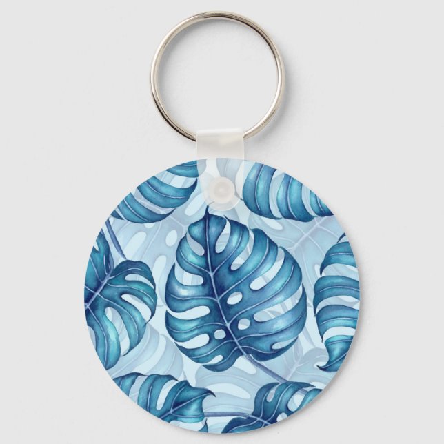 Monstera watercolor pattern blue keychain (Front)