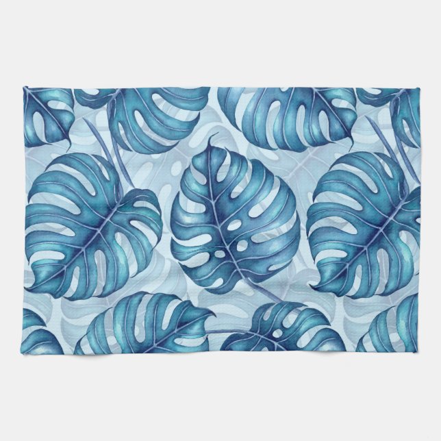 Monstera watercolor pattern blue kitchen towel (Horizontal)