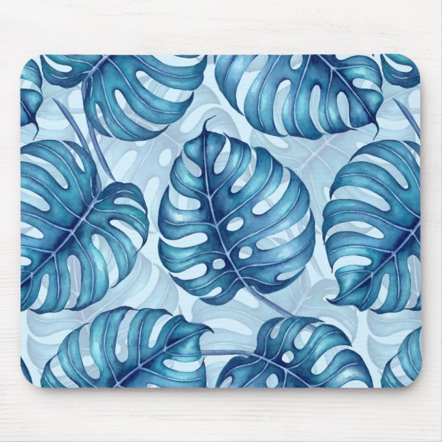 Monstera watercolor pattern blue mouse pad (Front)