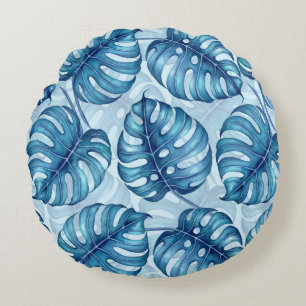 Monstera watercolor pattern blue round pillow