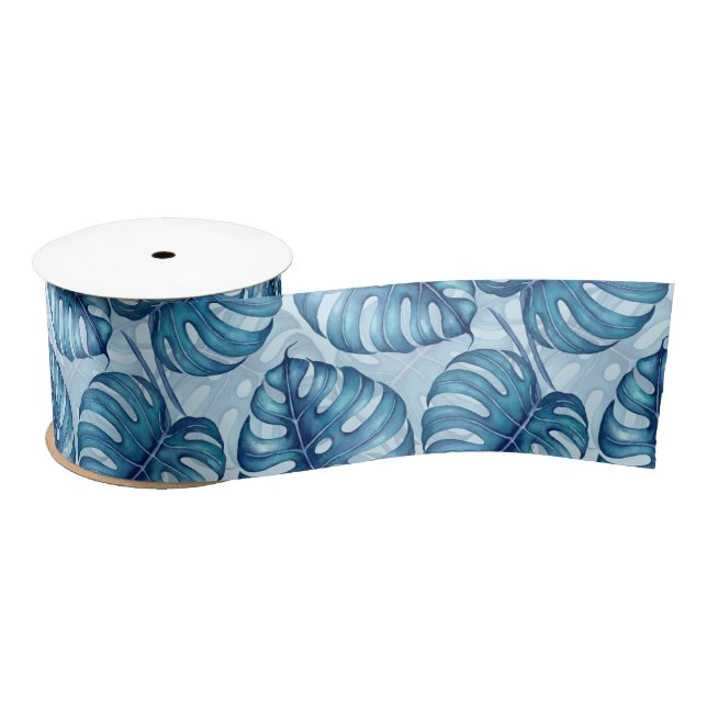 Monstera watercolor pattern blue satin ribbon (Spool)
