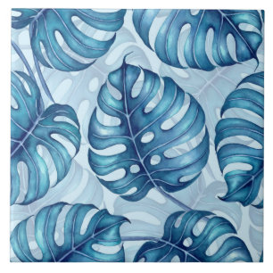 Monstera watercolor pattern blue tile