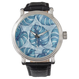 Monstera watercolor pattern blue watch