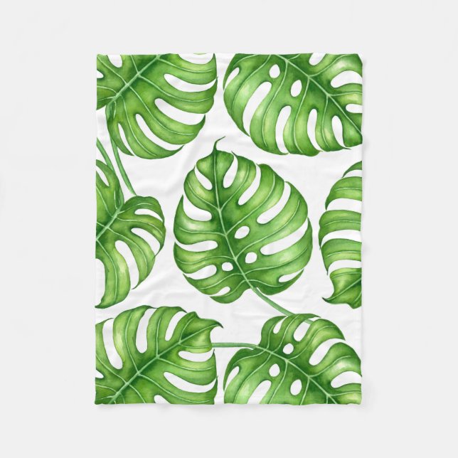 Monstera watercolor pattern fleece blanket (Front)