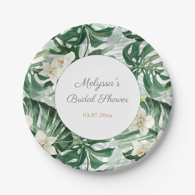 Monstera Watercolor Tropical Foliage Bridal Shower Paper Plate (Front)