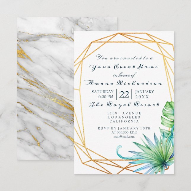 Monstera White Tropic Marble Gold  Birthday Bridal Invitation (Front/Back)