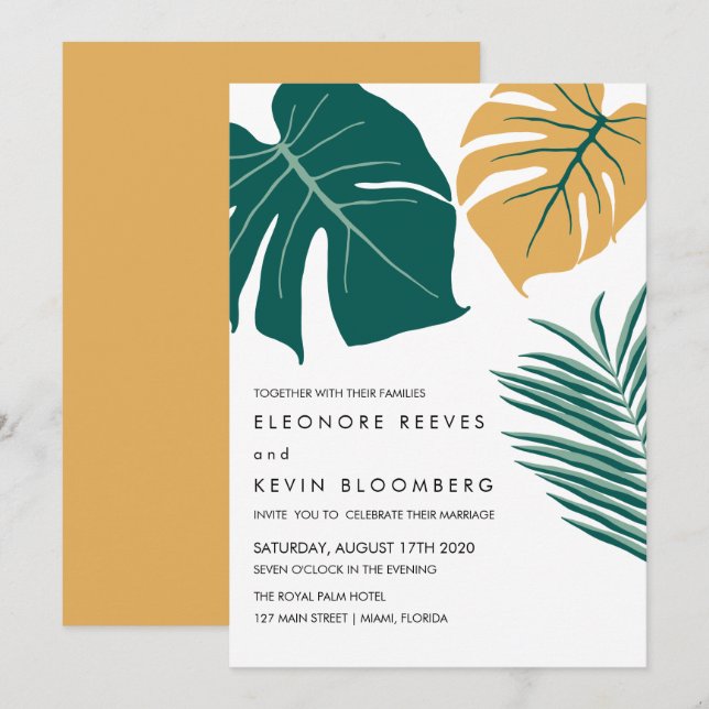 Monstera | Yellow | Tropical Leaves Wedding Invitation (Front/Back)