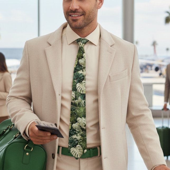 Monsterra Tropical green leaves Hawaiian pattern Tie (Creator Uploaded)
