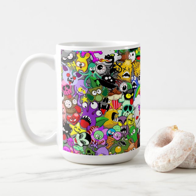 Monsters Cute Characters Halloween Pattern  Coffee Mug (With Donut)