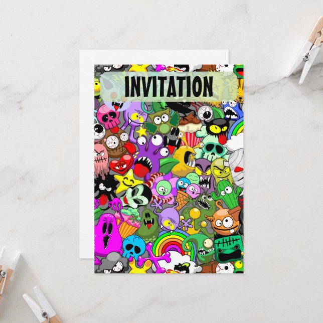 Monsters Cute Characters Halloween Pattern  Invitation (Front/Back In Situ)