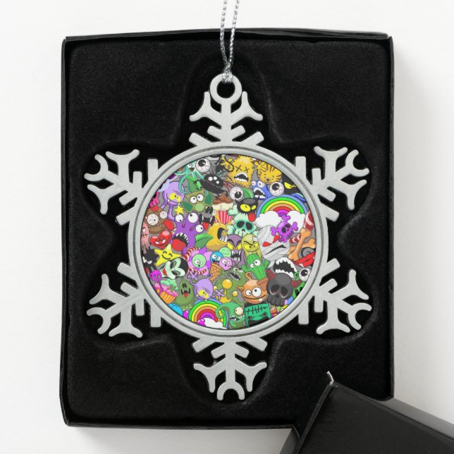 Monsters Cute Characters Halloween Pattern  Snowflake Pewter Christmas Ornament (Box)