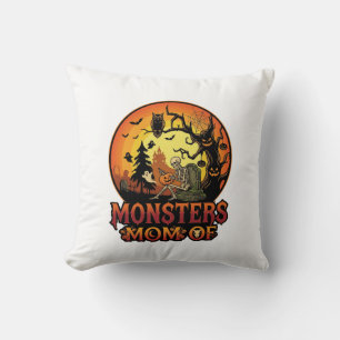 Monsters Mom Halloween Skeleton Pumpkin Owl Spooky Throw Pillow