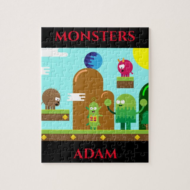 Monsters puzzle with child's name. (Vertical)
