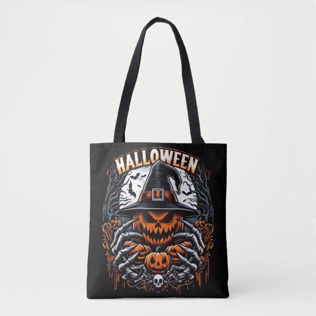 Monstrous Jack-O'-Lantern Spooky Witch Halloween Tote Bag (Front)