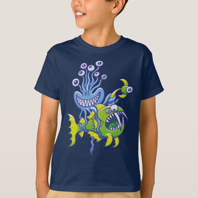 Monstrous octopus catching an ugly deep sea fish T-Shirt (Front)