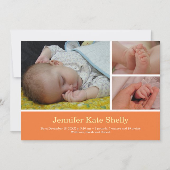 Montage 3 photo orange baby birth announcement (Front)