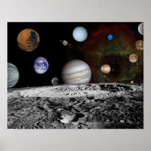 Montage of the planets and Jupiter's moons Poster