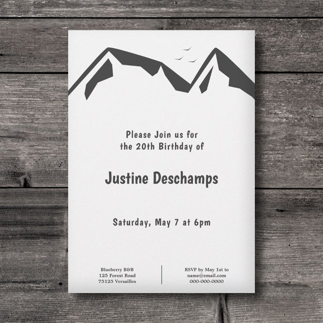 Montagnes - Invitation d'anniversaire noir et blan (Mountains - Black and White Birthday Invitation)