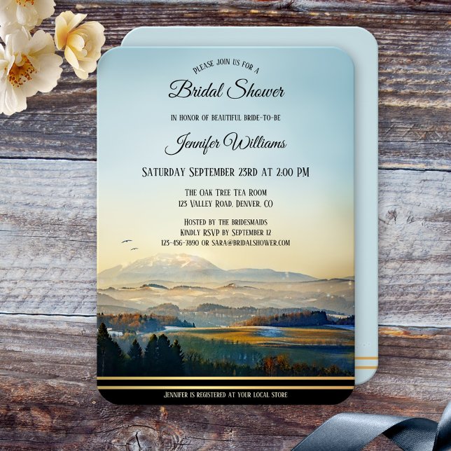Montagnes Paysage Art Bridal Douche Invitation (Bridal shower invite featuring a painting of a landscape scene with mountains and a golden lining)