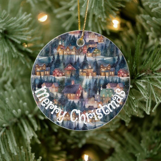 Montana Christmas at Midnight Street Watercolor Ceramic Ornament (Tree)