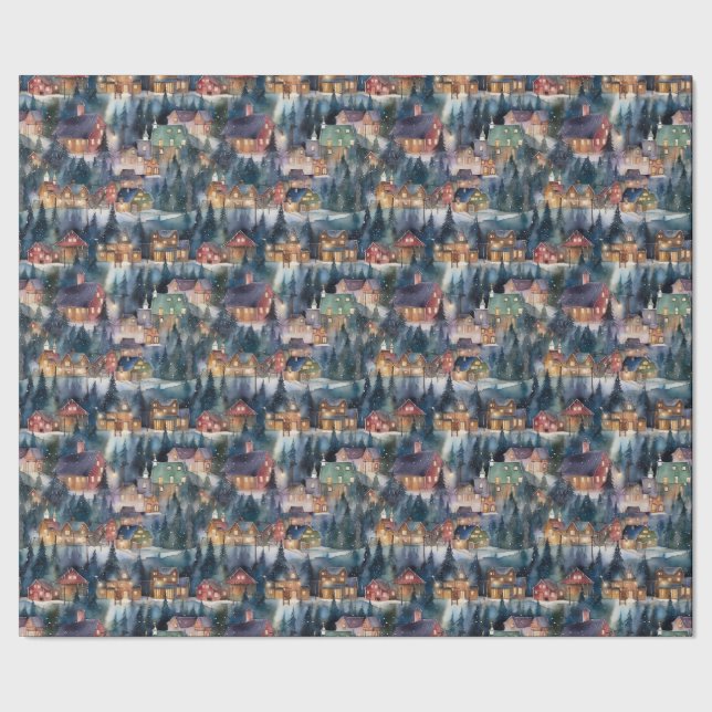 Montana Christmas at Midnight Street Watercolor Wrapping Paper (Seam)