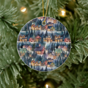 Montana Christmas Cowboy Town at Night Ceramic Ornament
