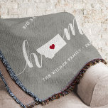 Montana Home State Personalized Throw Blanket<br><div class="desc">Show some home state pride with this cute rustic grey throw blanket featuring "home" in white calligraphy script lettering with a silhouette map of the state of Montana standing in for the letter "O." A red heart illustration inside the state map completes the design; you can change the position of...</div>
