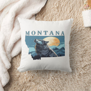 Montana Outline Wolf and Moon Throw Pillow