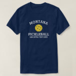 Montana Pickleball Add Club Partner Name Custom T-Shirt<br><div class="desc">Show off your love of Montana pickleball (easily change state name and shirt colour) with this awesome pickleball shirt for clubs, teams, partners or everyday court wear. Just add your 3 lines of custom text to make a totally unique pickleball shirt. Great for tournaments, matching club shirts or to give...</div>