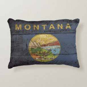 Montana State Flag on Old Wood Grain Decorative Pillow