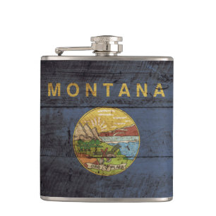 Montana State Flag on Old Wood Grain Hip Flask