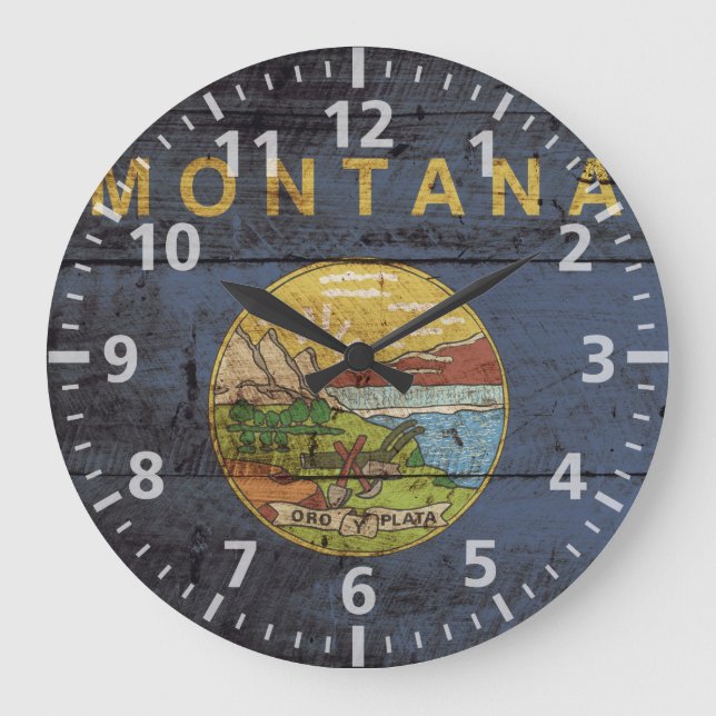 Montana State Flag on Old Wood Grain Large Clock (Front)