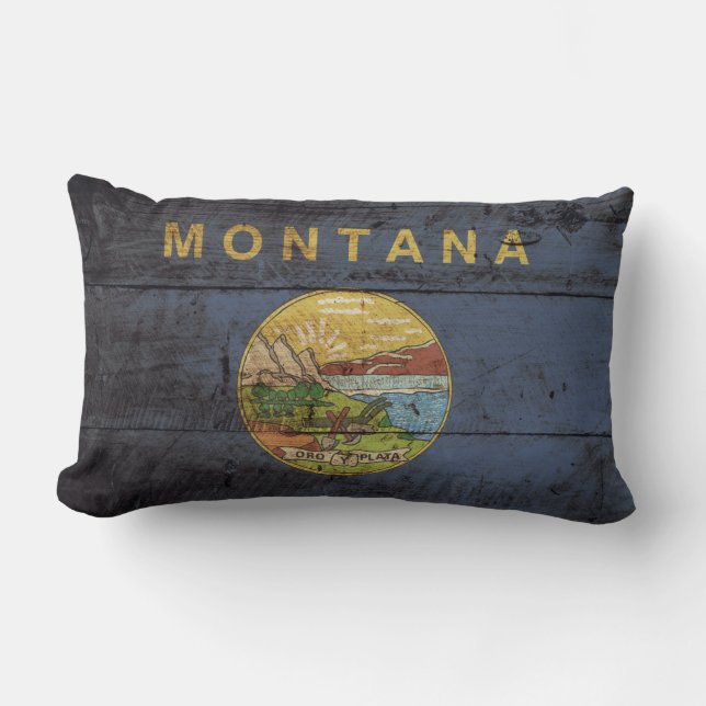 Montana State Flag on Old Wood Grain Lumbar Pillow (Front)